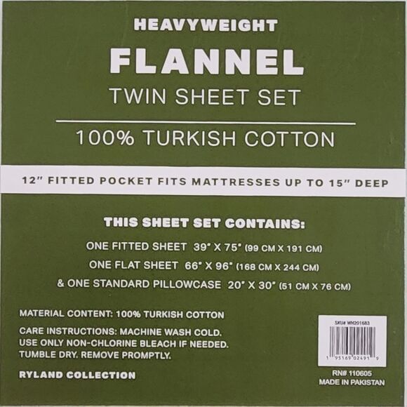 Ryland Collection Heavy Weight Cotton Flannel Sheet Set Twin Size 3pc Gray Multi - Picture 3 of 10